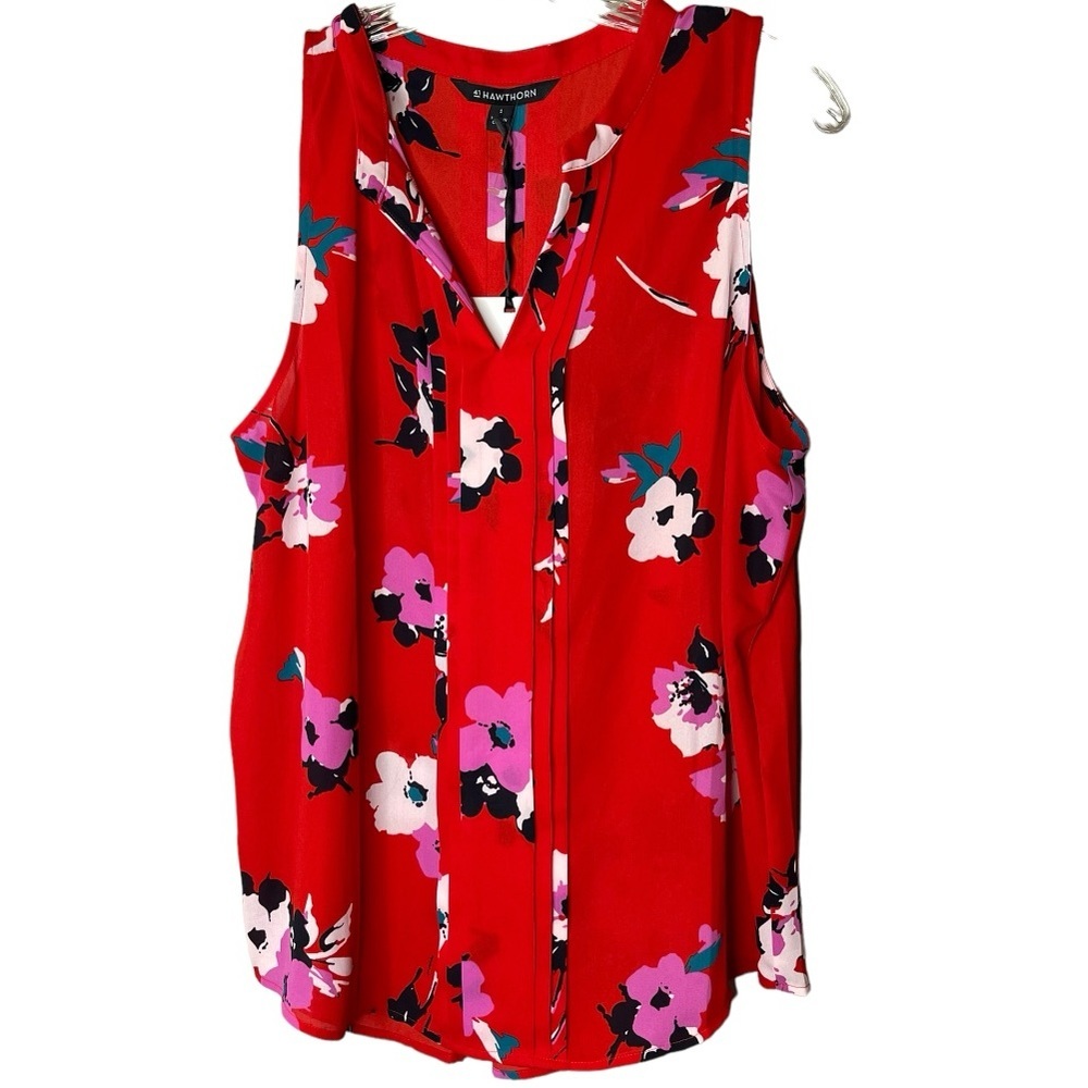 41 HAWTHORN Stitch Fix Red Floral Breyson Pleat Detail Blouse Sz L